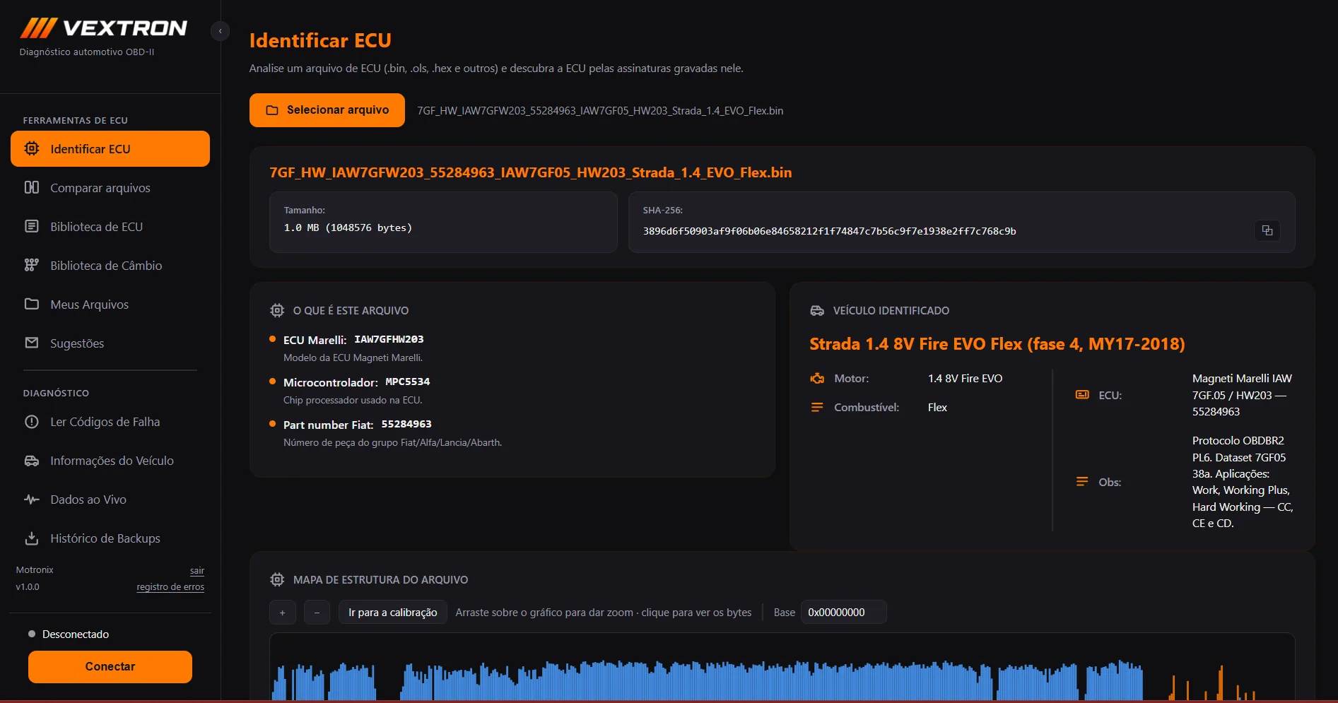 Tela Identificar ECU do Vextron: o arquivo carregado mostra a ECU Magneti Marelli IAW7GFHW203, o microcontrolador MPC5534, o part number Fiat e o veículo identificado como Strada 1.4 8V Fire EVO Flex